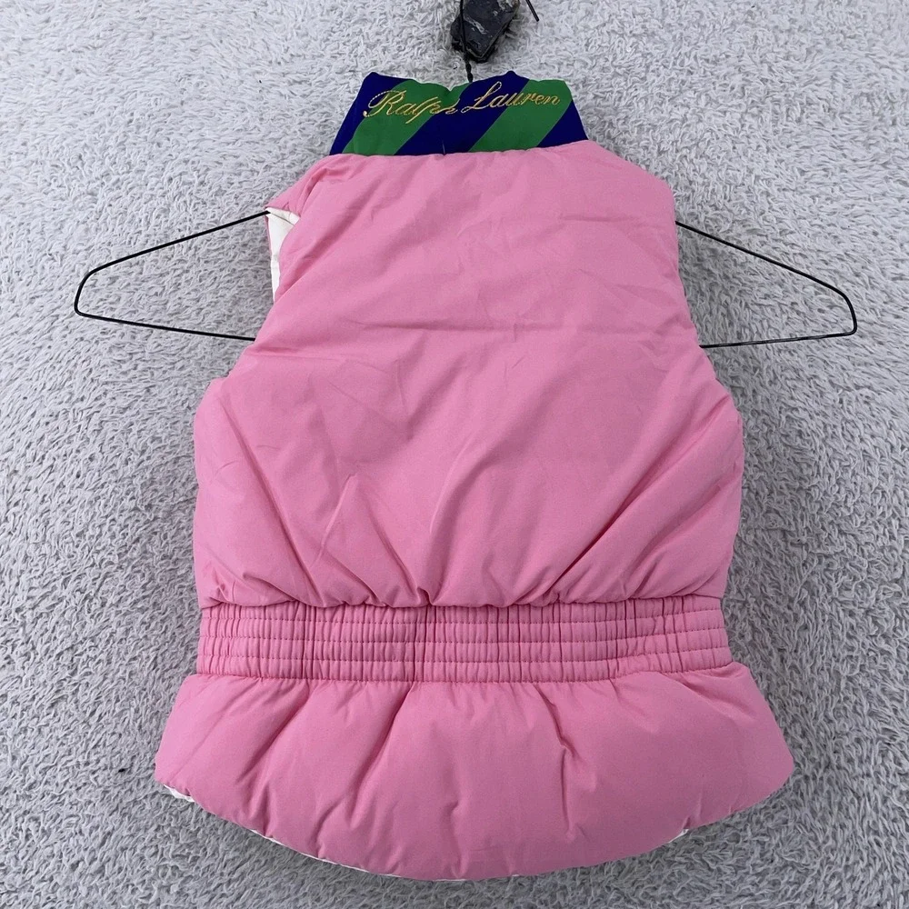 Polo Ralph Lauren Girls 2T Reversible Down Puffer Vest Pink‎ White Quilted Pony